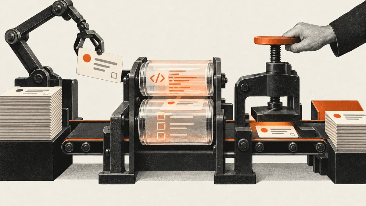 A task card moves through visible automated coding and testing stages before reaching a human-controlled approval clamp.