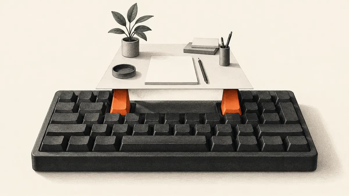 Two orange keyboard keys raise a small paper workspace above an ivory desk.