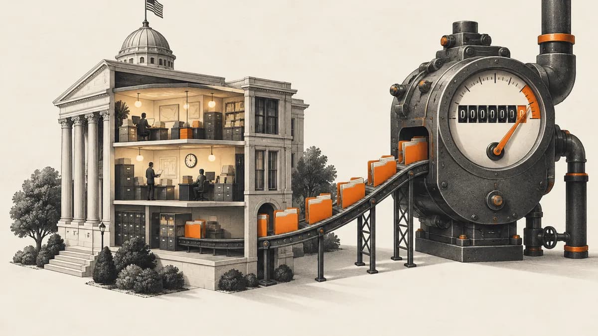 Government office folders move through a mechanical meter in an illustrative model.