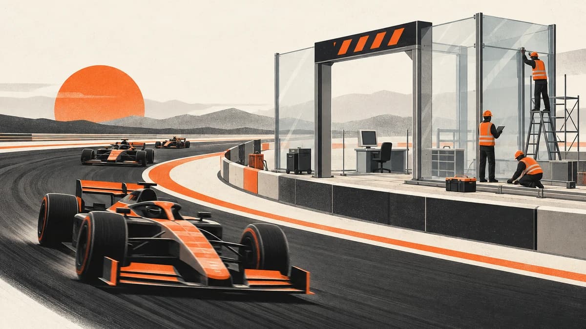 AI development races onward beside a transparent inspection lane that is still under construction.