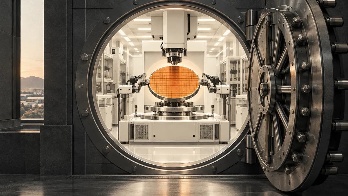 An orange semiconductor wafer sits inside a cleanroom enclosed by an open vault.