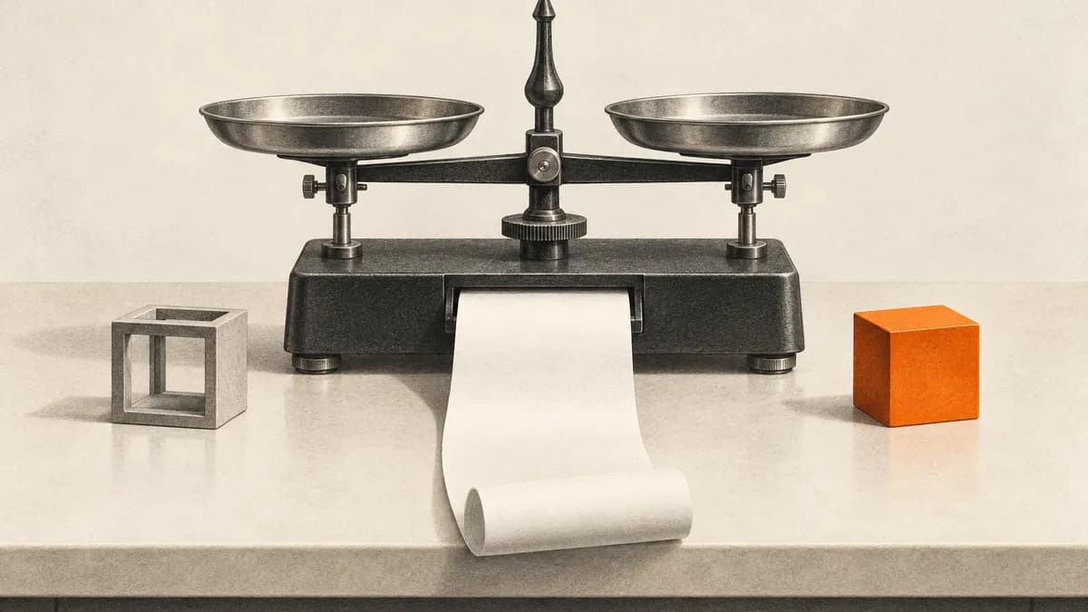 An empty frame and an orange test block sit beside a scale producing a blank results scroll.