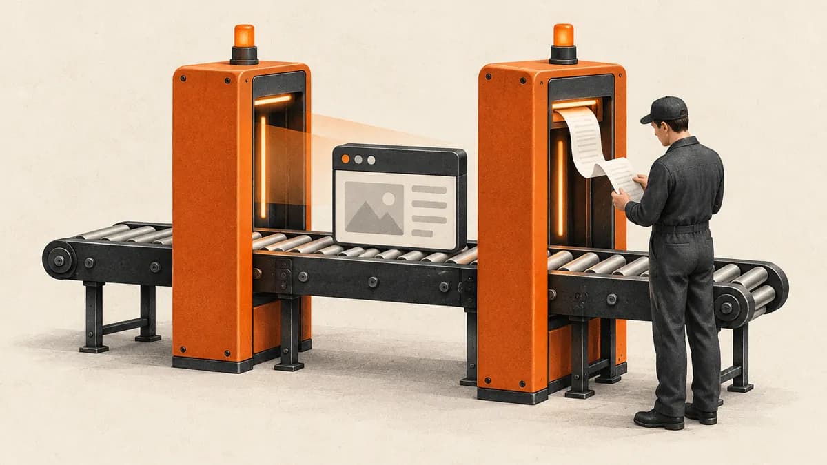 A mechanical browser window passes through closely spaced orange inspection gates.