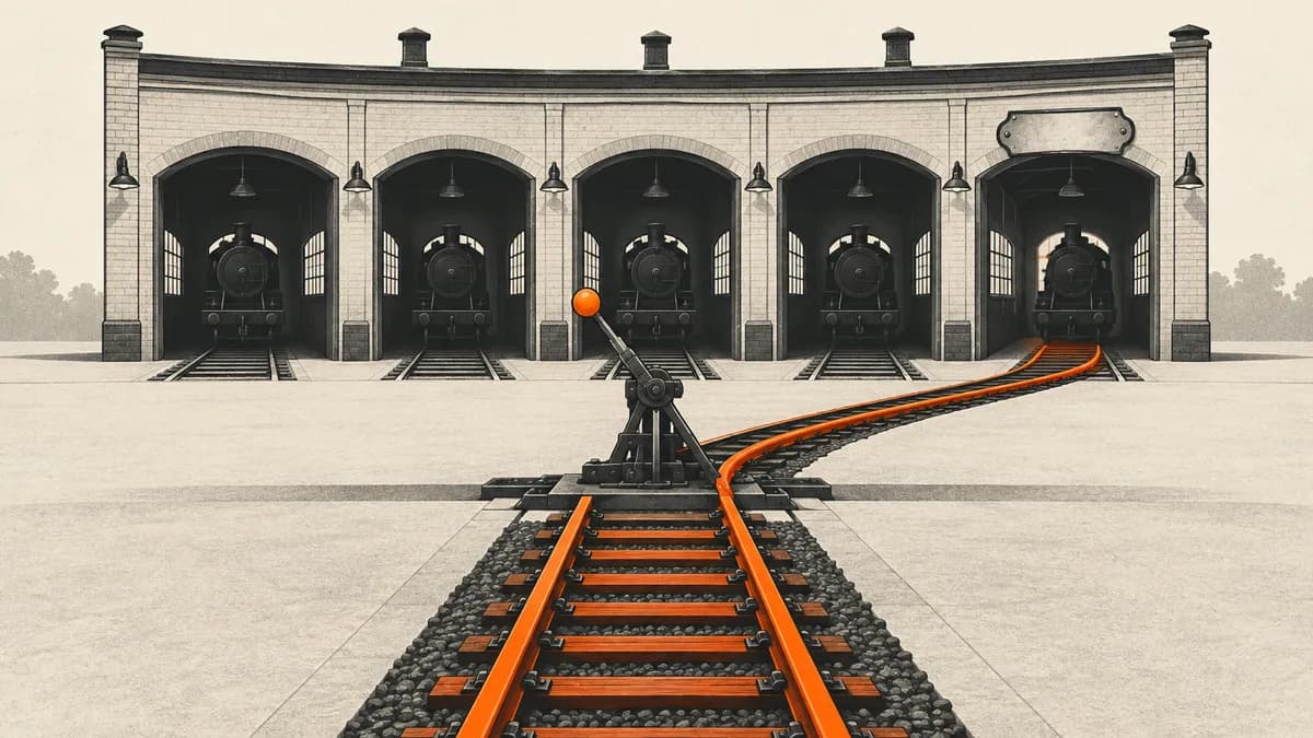 A fixed blank nameplate stands above a track whose switch redirects it to a different engine bay.