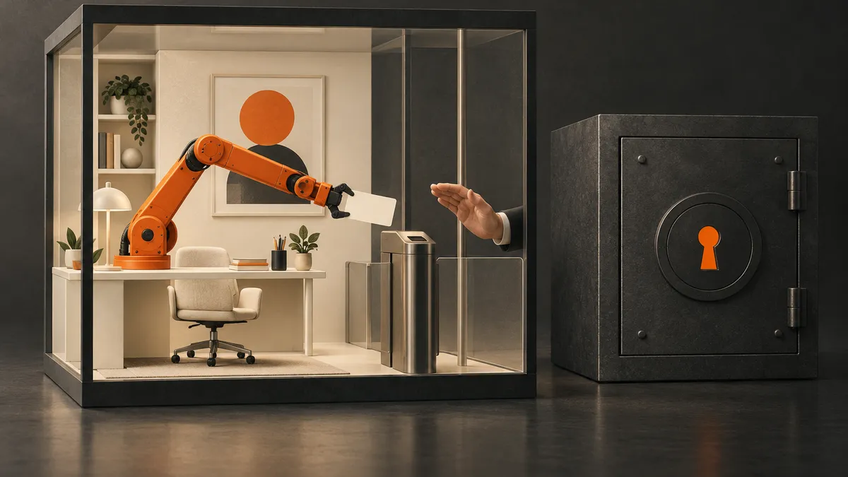 A mechanical hand pauses at a human-controlled gate beside a separate sealed vault.
