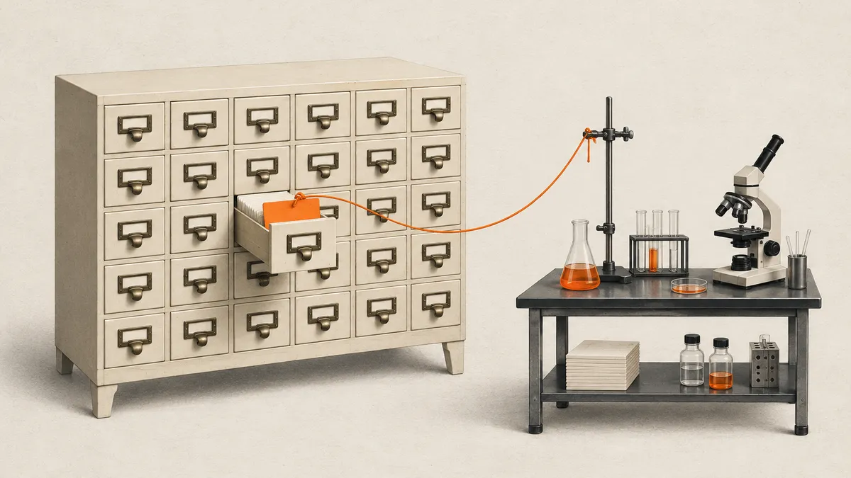 An orange library index card connects by a thread to a laboratory test bench.