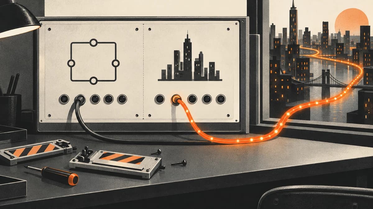 An abstract laboratory test circuit is mistakenly connected to a live external network through the wrong port.