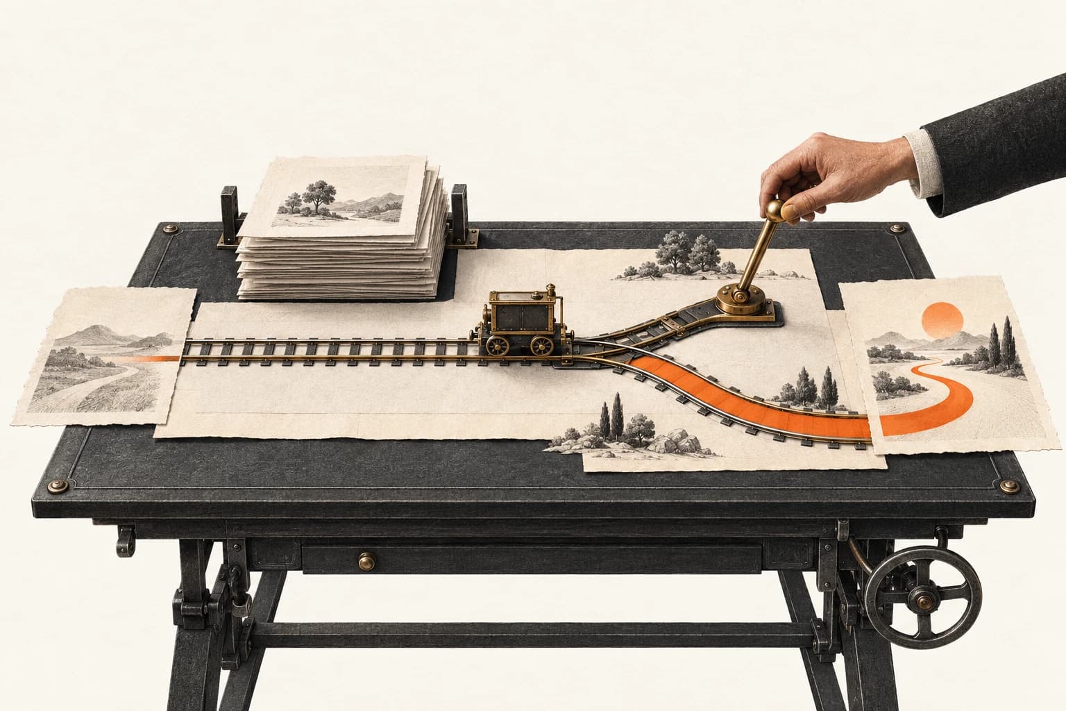 A paused mechanical carriage follows a redirected orange route while completed work remains stacked behind it.