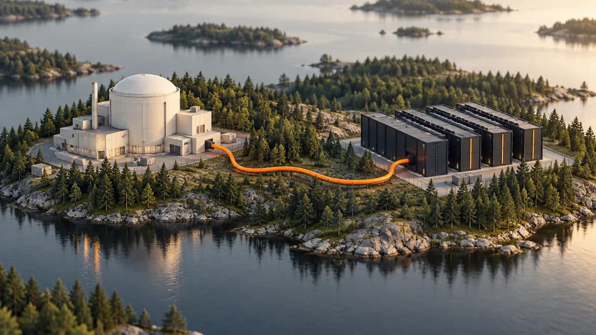 An orange power cable connects a turbine hall and data centers in a miniature forest landscape.
