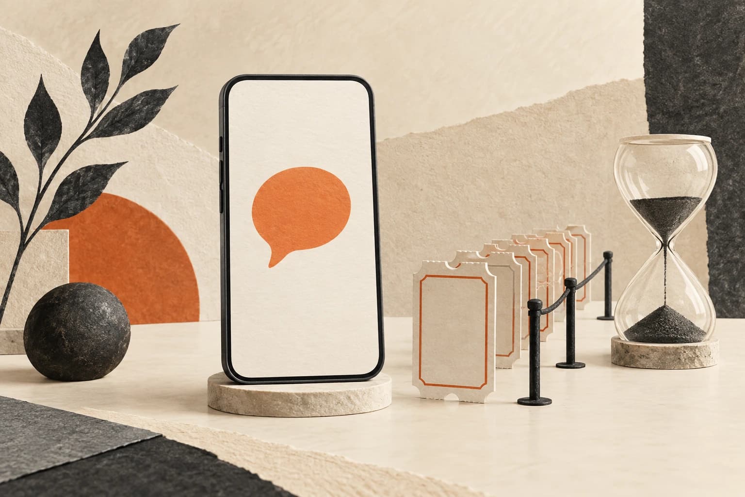 A smartphone, speech bubble, blank queue tickets and hourglass illustrate a staged assistant rollout.