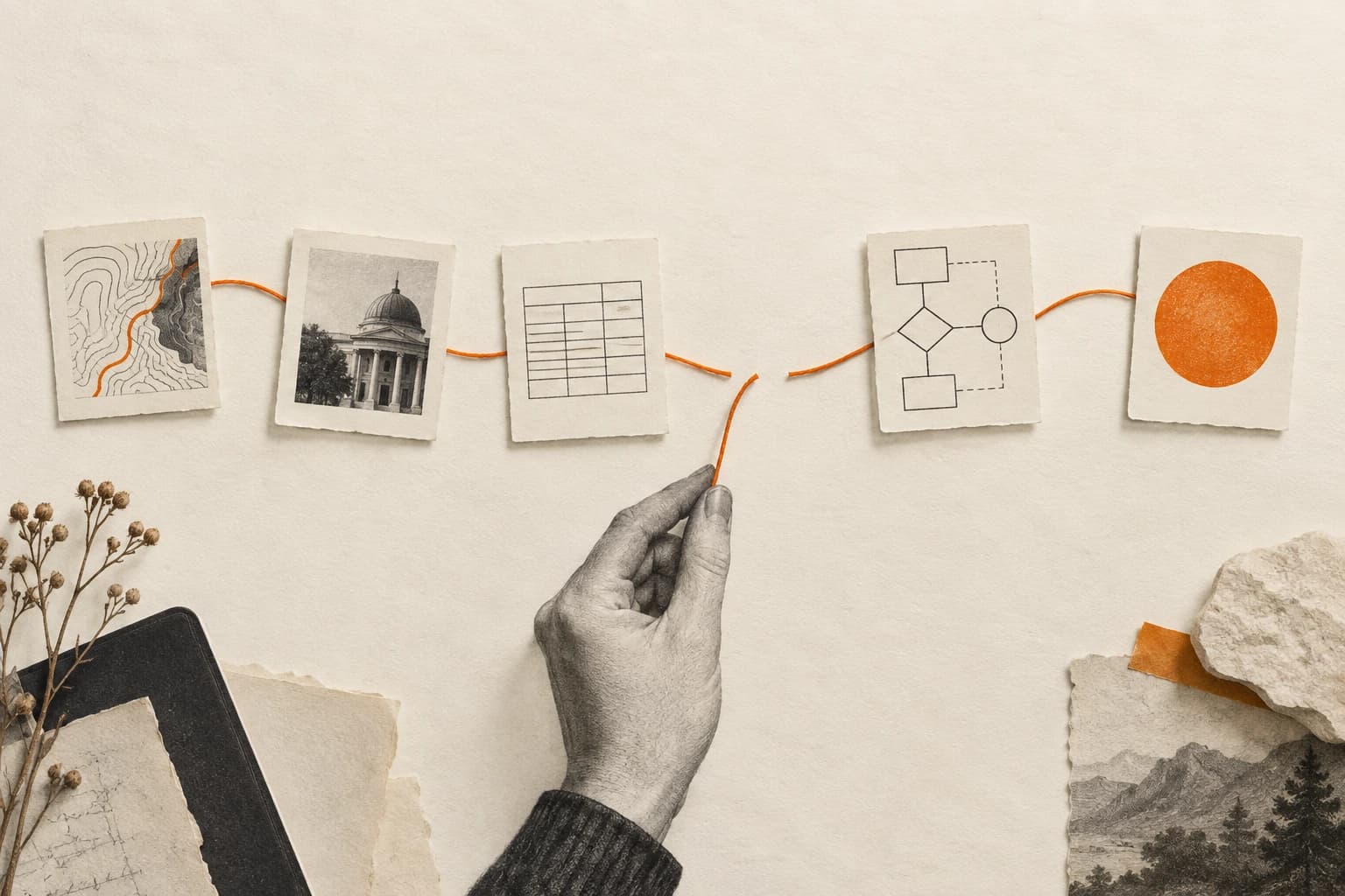 Research cards connected by orange thread with a visible gap between two findings.