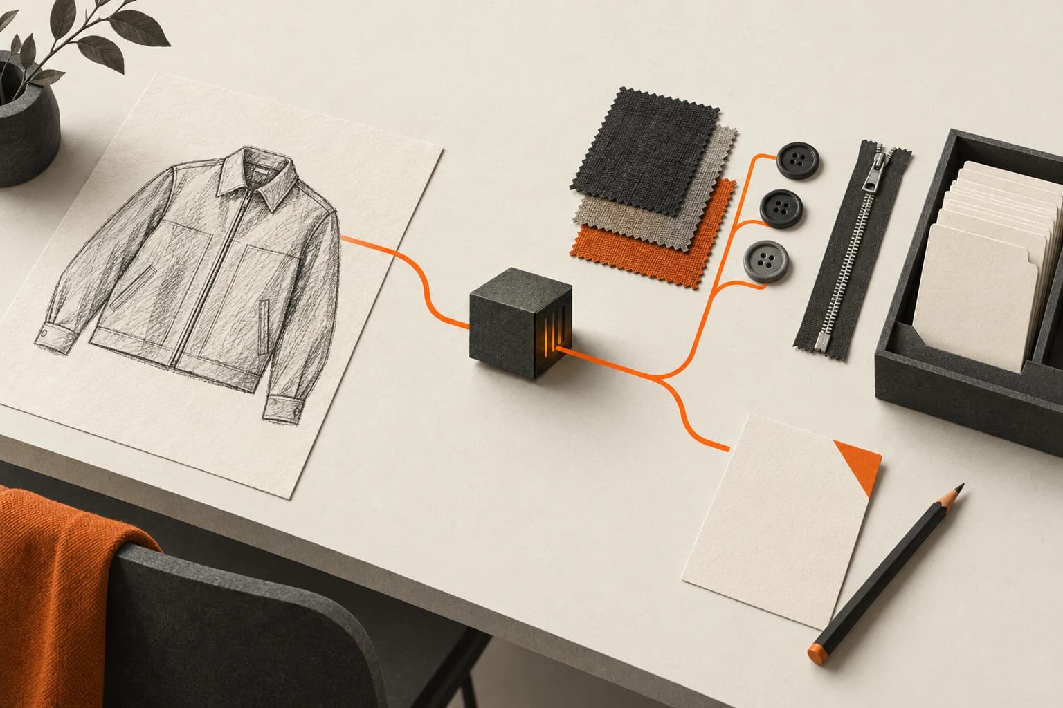 A jacket sketch connects to fabric swatches, buttons and production cards on a worktable.