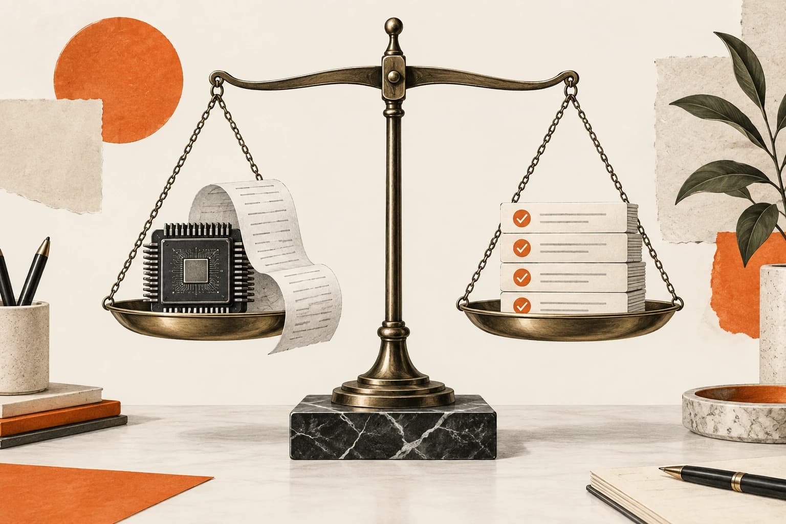A balance scale compares an AI processor and receipt paper with a stack of completed task cards.