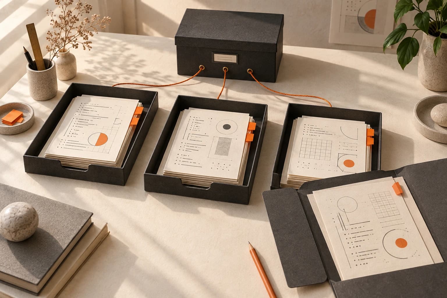 Separate work trays with orange marked pages connected to a shared archive.