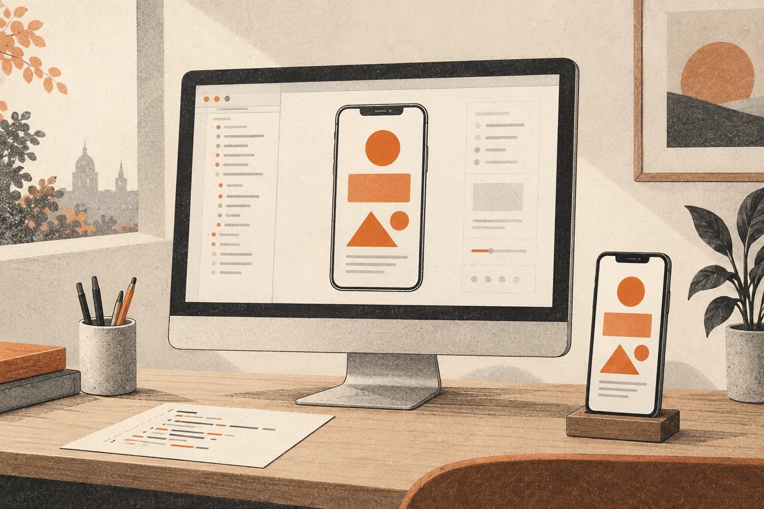 A desktop with a simulated phone beside a physical phone illustrates cloud app inspection and device testing.
