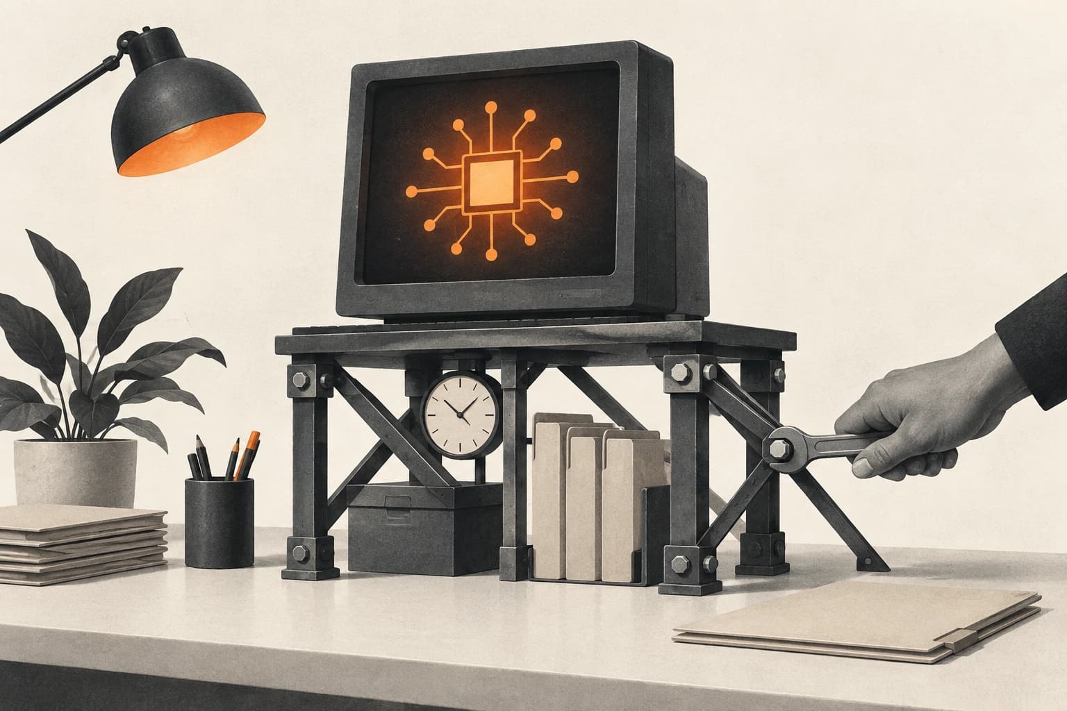 A computer with an orange processor symbol stands on a maintenance framework beside a clock and records.